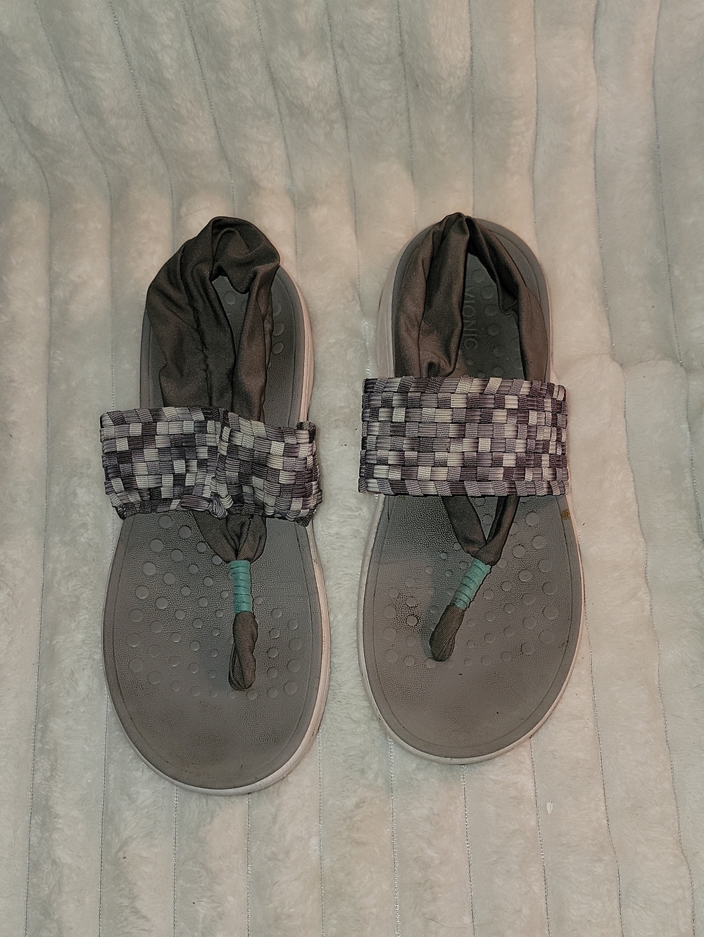 Vionic Gray Woven Strap Sandals with Teal Accent